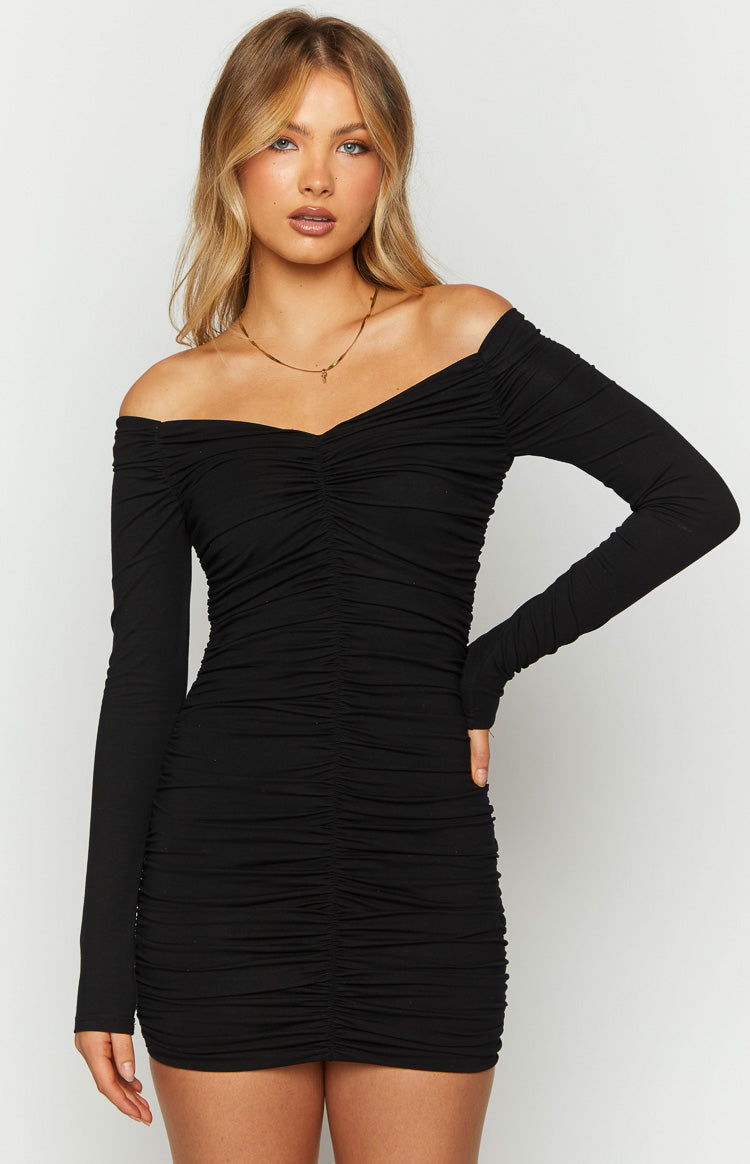 Beginning Boutique Solene Black Long Sleeve Mini Dress black off-shoulder long sleeve bodycon mini dress with ruching
