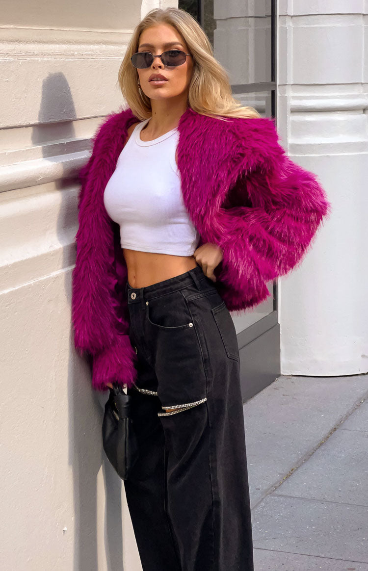 Beginning Boutique Sophie Purple Faux Fur Jacket purple shaggy faux fur cropped jacket with long sleeves