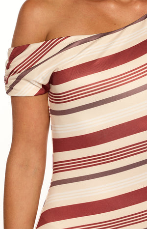 Sophus Cream Stripe Off Shoulder Mini Dress