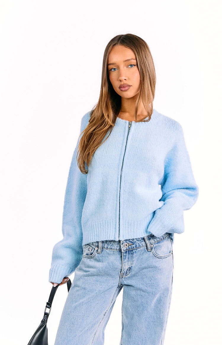 Stacey Light Blue Zip Knit Cardigan Image