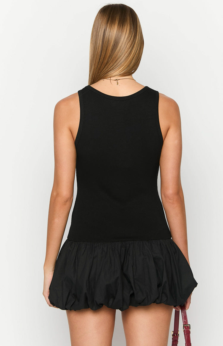 Rear view of a black mini dress with a scoop back tank top and a voluminous bubble skirt