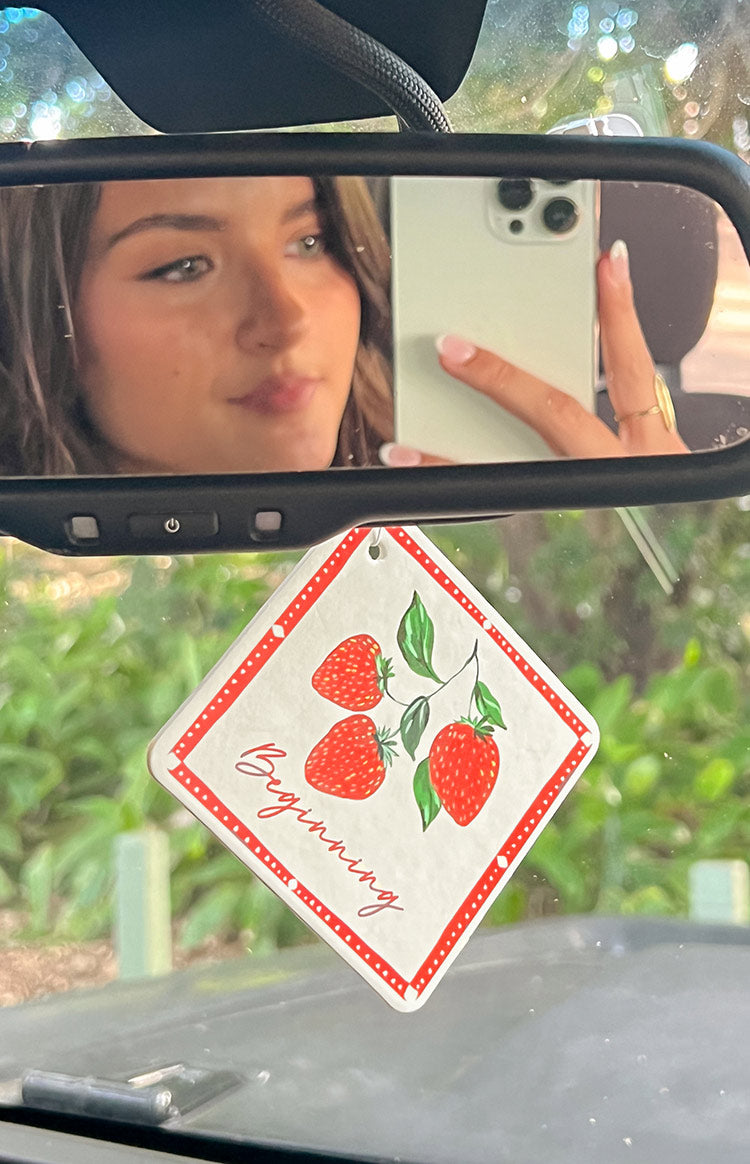 Beginning Boutique Strawberry Dream Air Freshener Two Pack white square air freshener with red dotted border strawberry illustration and Beginning text