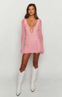 Beginning Boutique Surround Sound Pink Mesh Long Sleeve Mini Dress pink mesh long sleeve mini dress with V-neck tie and ruffled trim
