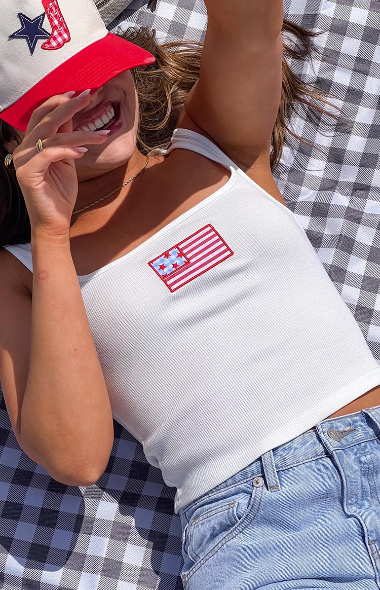 Beginning Boutique Suzie White USA Embroidered Tank Top white ribbed knit square neck tank top with embroidered USA flag patch