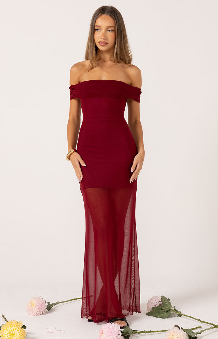 Tabitha Wine Off Shoulder Mesh Maxi Dress Image