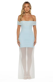 Front view of a light blue off-shoulder maxi dress with ruched mesh overlay and sheer white mesh skirt