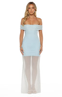 Beginning Boutique Tabitha Blue Off Shoulder Mesh Maxi Dress light blue ruched off-shoulder bodycon maxi with mini underlay