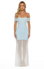 Front view of a light blue off-shoulder maxi dress with ruched mesh overlay and sheer white mesh skirt