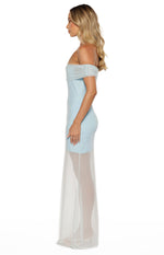 Side view of a light blue off-shoulder maxi dress with a ruched mesh neckline and sheer mesh skirt overlay