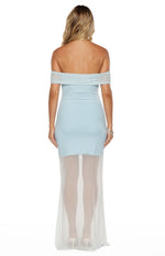 Rear view of the blue off-shoulder maxi dress with a ruched mesh neckline and sheer white skirt