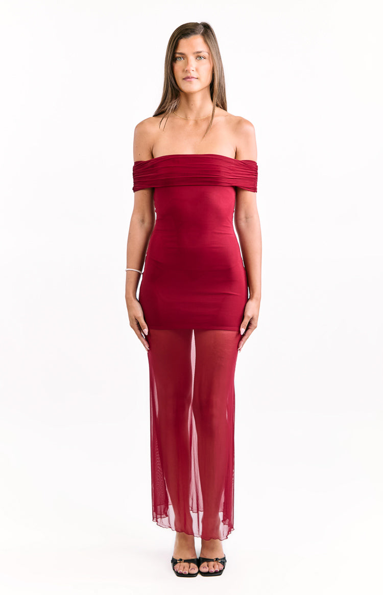 Tabitha Wine Off Shoulder Mesh Maxi Dress Image