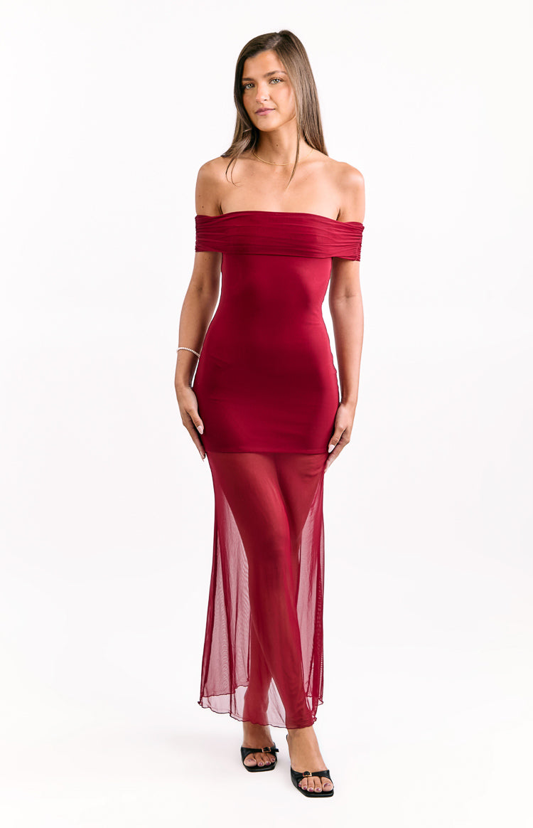 Full front view of a wine off-shoulder maxi dress with a ruched neckline and sheer mesh skirt over a mini-length lining