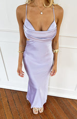 Front view of a lilac satin maxi dress with a draped cowl neckline and side waist cutouts