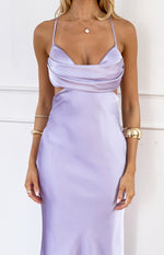 Close-up of the lilac satin maxi dress showing the cowl neckline and side waist cutouts