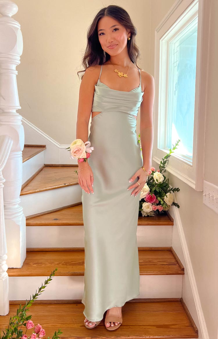Sage Taleah Cut Out Maxi Dress with a draped cowl neckline, thin straps, and side waist cut-outs