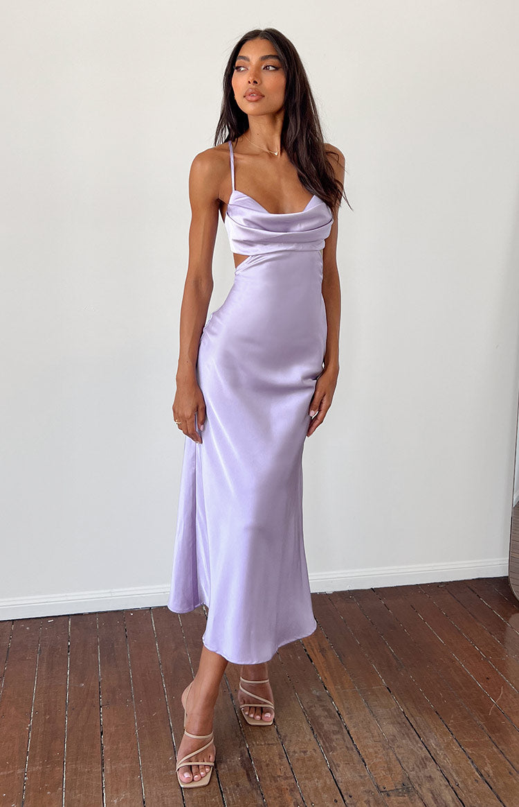 Beginning Boutique Taleah Lilac Cut Out Maxi Dress lilac satin cowl neck maxi dress with spaghetti straps and side cutouts