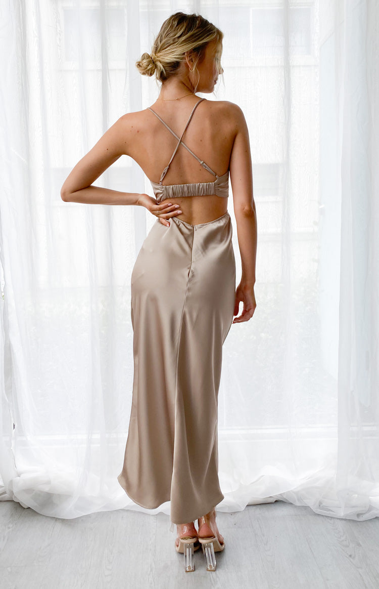Mocha silky maxi dress with criss-cross back straps, ruched elasticated back, and a large open back