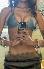 Front view of the grey sparkle eyelet bikini top, showing the silver eyelet details on the cups