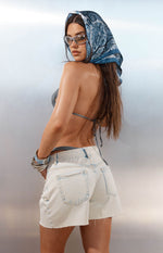 Side view of the grey sparkle eyelet bikini top with thin adjustable back and neck ties