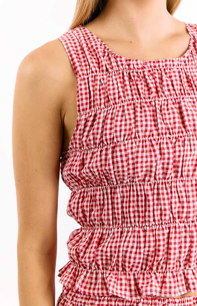Close-up of the red and white gingham top showing the square neckline and shirred bodice