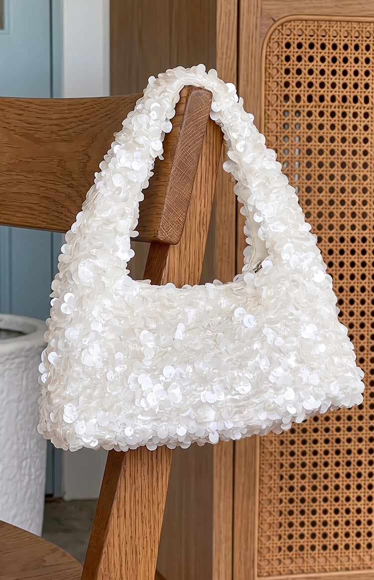 Beginning Boutique Tarquin White Sequin Shoulder Bag white sequin shoulder bag with all-over iridescent sequins and a soft, u