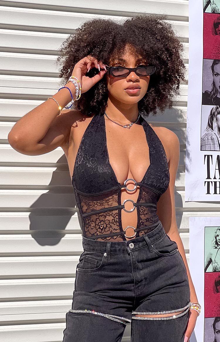 Tatiana Black Lace Halter Bodysuit Beginning Boutique