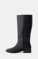 Side view of a black PU riding boot with a full-length inner zipper, elastic calf panel, and low block heel