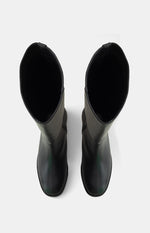 Overhead view of the black PU riding boots showing the wide shaft opening and rounded toe shape