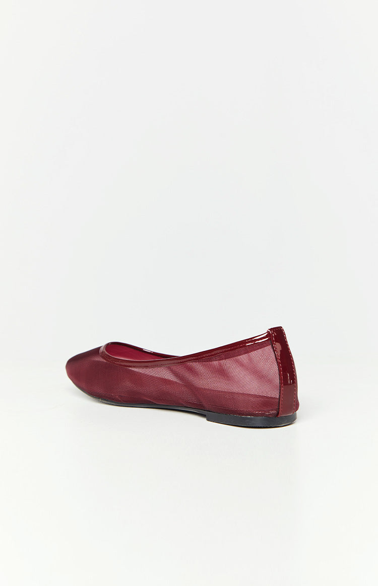 Side view of a cherry mesh ballet flat with a patent PU heel counter and trim