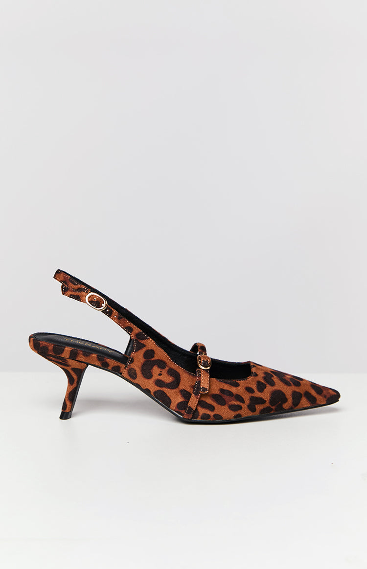 Side view of a leopard print pointed toe heel with a slingback strap, a Mary Jane strap, and a kitten heel