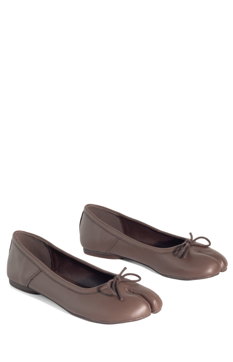 Pair of chocolate brown leather ballet flats with a distinctive split toe and delicate front bow