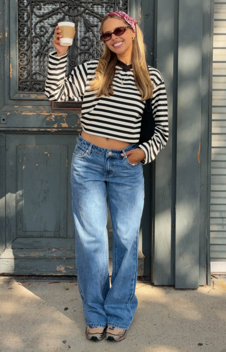 Beginning Boutique Toni Black Stripe V Neck Long Sleeve Top black and white horizontal stripe V neck long sleeve cropped top