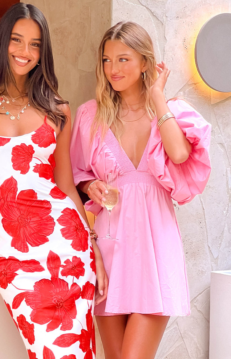 Beginning Boutique Torie Pink Short Sleeve Mini Dress pink deep V-neck puffy short sleeve smocked waist A-line mini dress