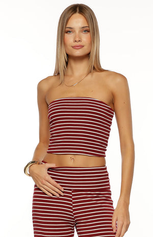 Beginning Boutique Vaeda Burgundy Stripe Strapless Tube Top burgundy and white striped strapless cropped tube top