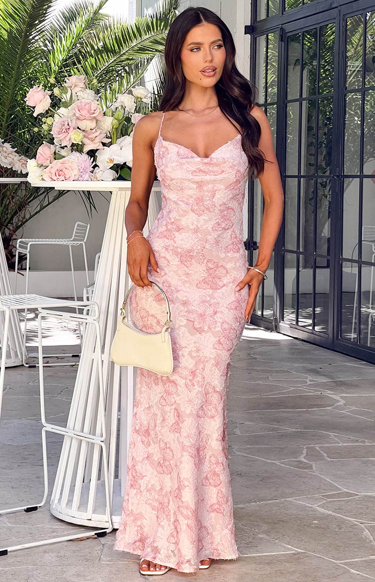 Beginning Boutique Valentina Pink Butterfly Maxi Dress pink butterfly print cowl neck maxi dress with spaghetti straps