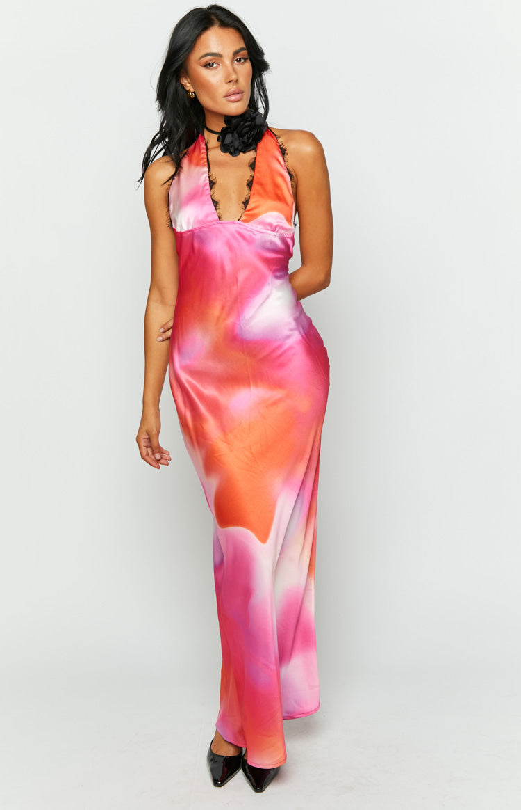 orange and pink halter dress Valletta Print Neck Maxi Onze