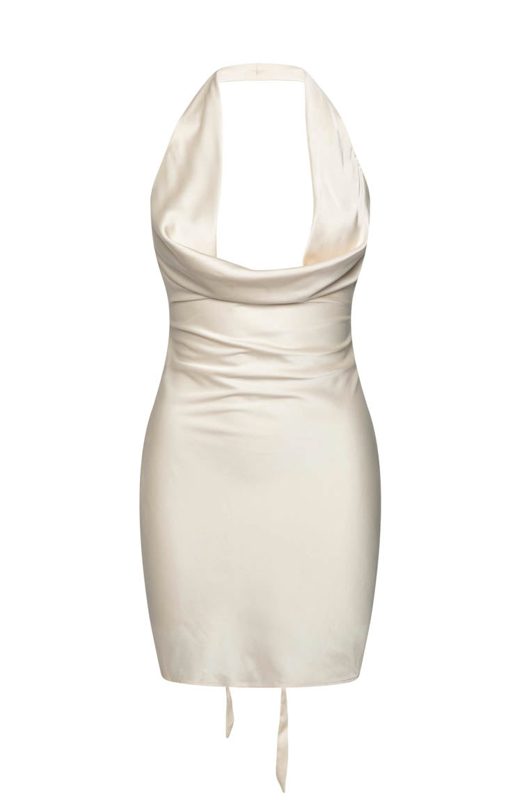 Full front view of a champagne satin cowl neck halter mini dress with a fitted silhouette, ruched waist, and tie details