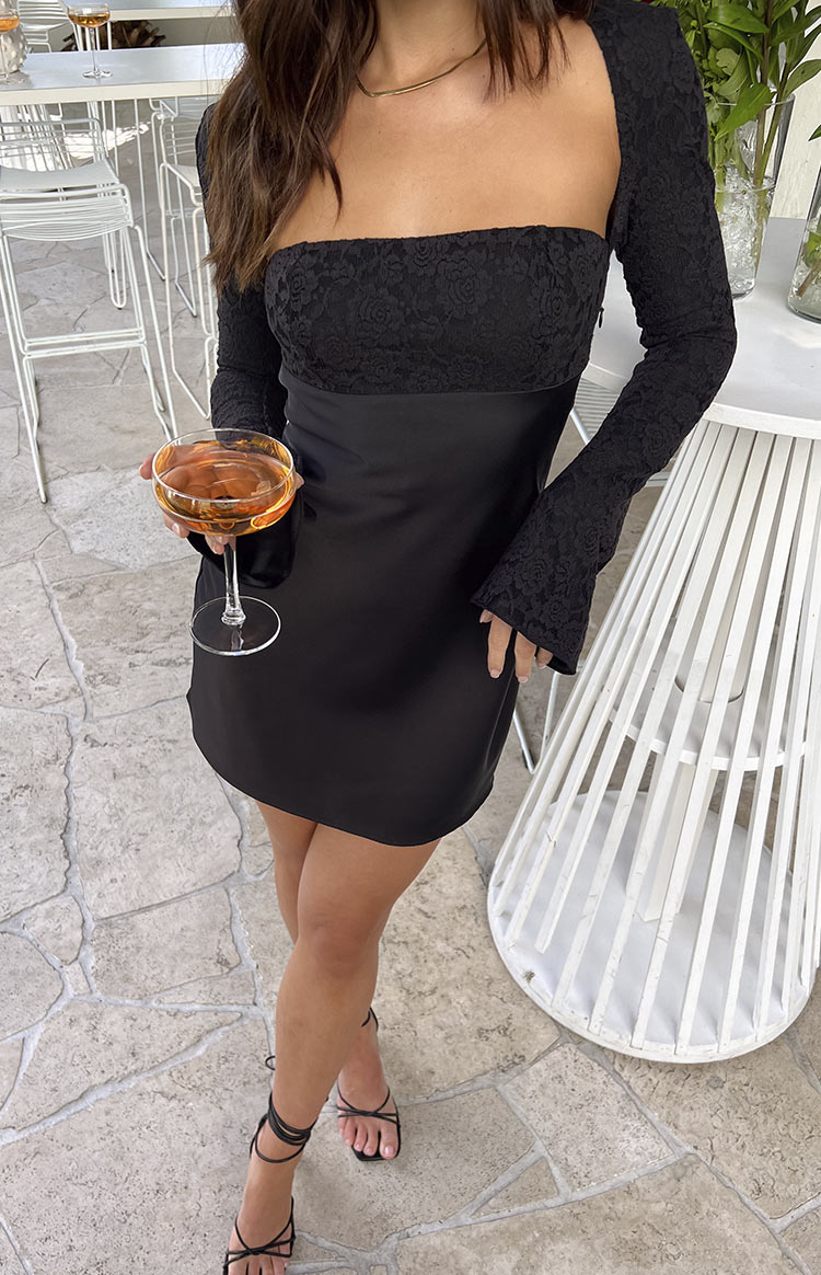 Beginning Boutique Vanette Black Long Sleeve Mini Dress black lace long sleeve mini dress with square neckline and satin skirt