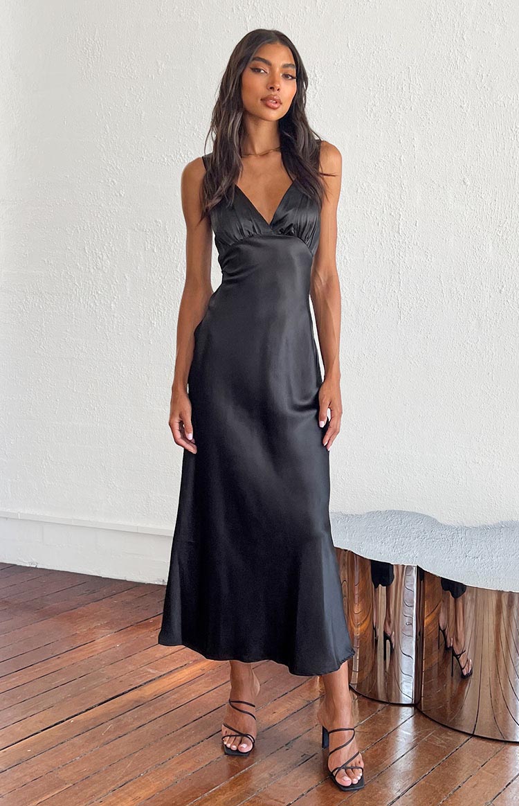 Beginning Boutique Verlaine Black Satin Maxi Dress black satin V-neck thin strap ruched bust fitted flowy maxi dress