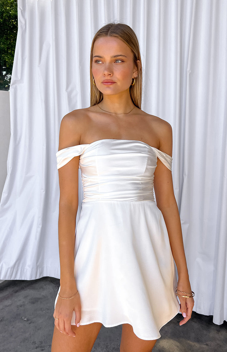 Beginning Boutique Victoria White Mini Dress white satin off-shoulder ruched bodice A-line mini dress