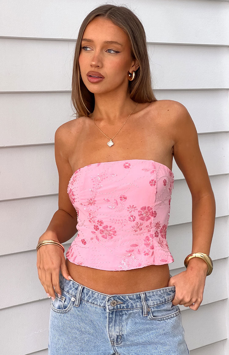 Beginning Boutique Vila Light Pink Strapless Beaded Top light pink strapless cropped top with floral beading and sequins