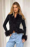 Beginning Boutique Violetta Black Fur Trim Knit Cardigan black ribbed knit cardigan with shaggy faux fur trim on neckline and