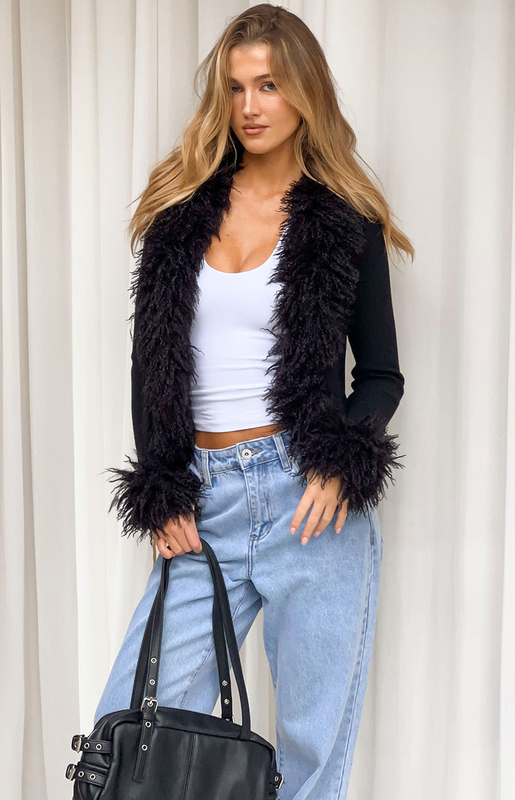 Violetta Black Fur Trim Knit Cardigan | Beginning Boutique AU