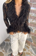 Beginning Boutique Violetta Black Lace Fur Trim Top black lace long sleeve top with fur trim neckline and cuffs