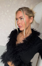 Close-up of the black shaggy fur trim framing the V-neckline of a ribbed knit cardigan