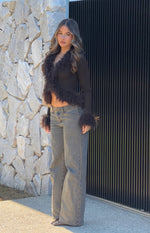 Cropped chocolate knit cardigan with fluffy fur trim on the open front and sleeve cuffs