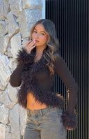 Beginning Boutique Violetta Chocolate Fur Trim Knit Cardigan chocolate ribbed knit cardigan with fur trim V-neck, cuffs, and