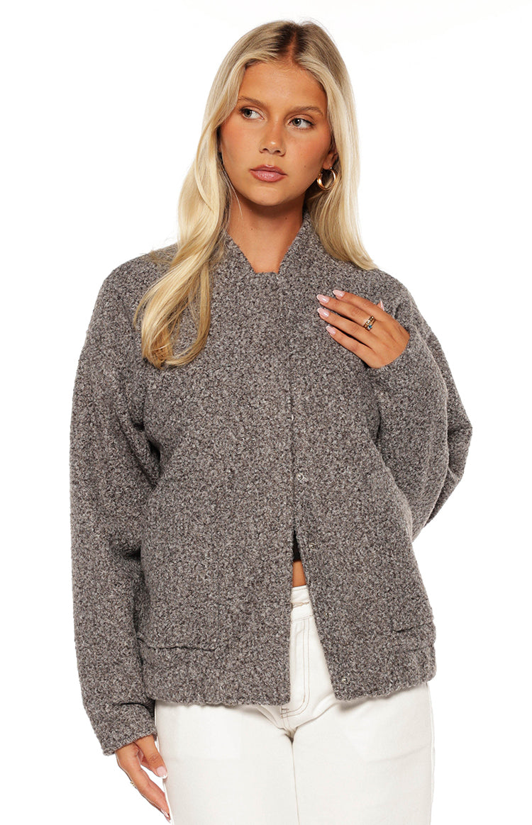 Warren Grey Boucle Button Up Bomber Jacket Image