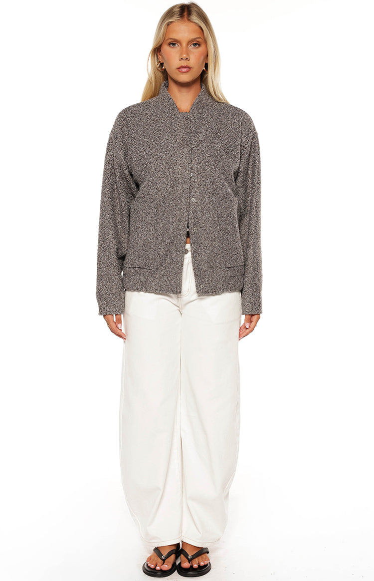 Warren Grey Boucle Button Up Bomber Jacket Image