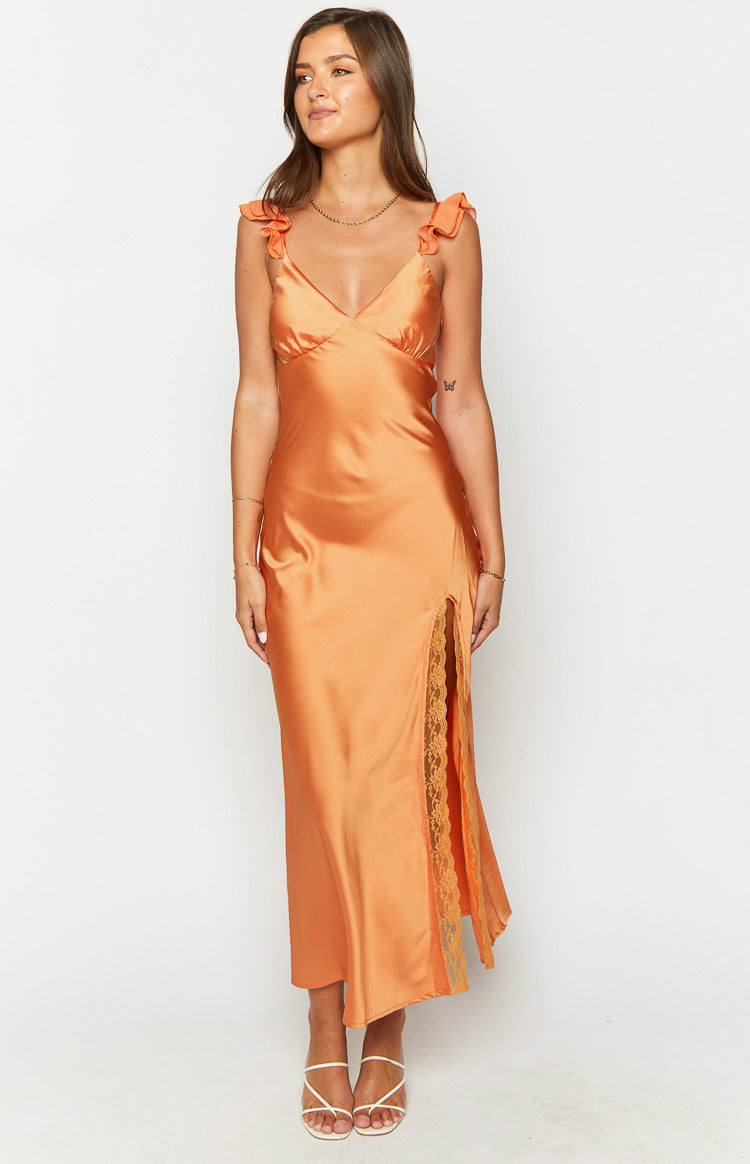 orange satin maxi dress Wendy Orange Maxi Dress